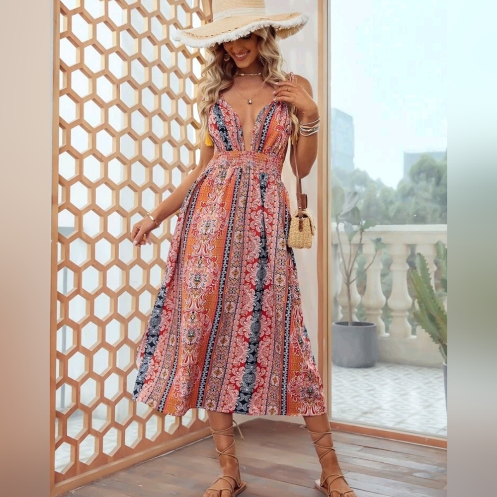 NEW Tribal Print Plunge Midi Dress Split Leg Red Orange Blue White